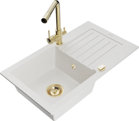 Virtuvinė plautuvė Mexen Pablo 6510751010-20+671600-50+66911-50, granitas, 75 cm x 43 cm x 16.1 cm, white+gold sp.