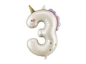 Folijas balons cipars PartyDeco Unicorn Number 3, balta krās.