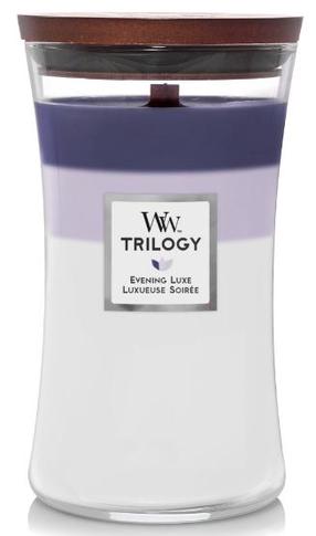 Žvakė, aromatinė WoodWick Trilogy Large Evening Luxe, 60 - 120 h, 610 g, balta sp./violetinė sp.