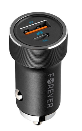 Auto telefona lādētājs Forever CC-06, USB Type C/USB Type A, melna krās., 20 W