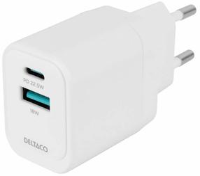 Зарядное устройство для телефона Deltaco USBC-AC154, USB Type C/USB Type A, белый цв., 22.5 Вт