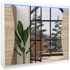 Skapis ADRK Diego LED, balts krās./sonoma ozola krās., 250 cm x 58 cm x 215 cm, ar spoguli
