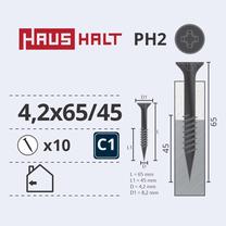 Medsraigtis, įsukami į metalą Haushalt PH2, 4.2 x 65 mm/45 mm, pilka sp., 10 vnt.