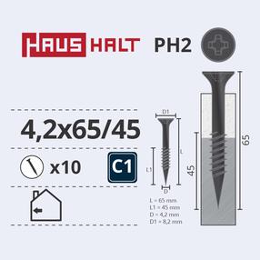 Koka skrūve, skrūves metālam Haushalt PH2, 4.2 x 65 mm/45 mm, pelēka krās., 10 gab.