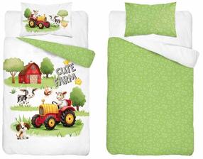 Bērnu gultas veļas komplekts Cute Farm PPG-158, balta krās./zaļa krās., 100 x 135 cm