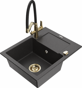 Plautuvė su virtuviniu maišytuvu Mexen Enzo Black granite+Black/Gold, granitas, 57 cm x 46 cm x 17.4 cm, black granite+black/gold sp.