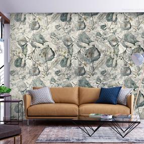 Fototapetas Artgeist Autumn Souvenirs - Cool Grey Floral Pattern With Leaves, 280 cm x 392 cm