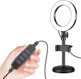 Gredzenu lampa ar telefona turētāju Mozos MLM-RING, 5 V, 16 cm, melna krās.