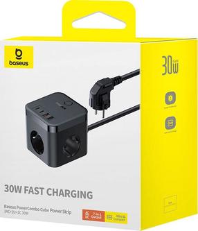 Зарядное устройство для телефона Baseus PowerCombo Cube E00066400117-00), 2 x USB Type C /3 x AC/2 x USB Type A, черный цв., 30 Вт