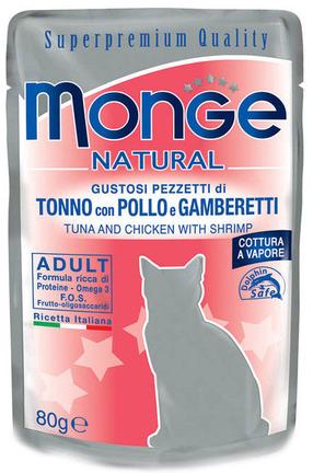 Šlapias kačių maistas Monge Natural Tuna With Chicken & Shrimps Adult, vištiena/jūros gėrybės/tunas, 0.08 kg