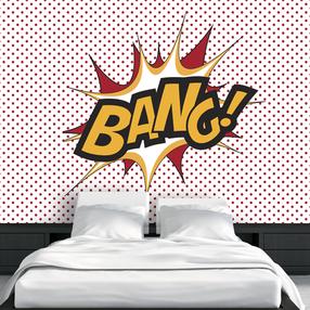 Fototapetas Artgeist Bang! - Modern Motif With Yellow Text On A Background Of Red Dots 4XLNEW011381, 280 cm x 400 cm