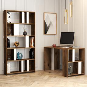 Biroja mēbeļu komplekts Kalune Design Lima Desk & Bookshelf, balts krās./valriekstu krās., 180 cm x 20 cm x 90 cm