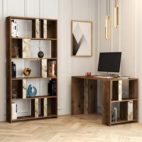 Biroja mēbeļu komplekts Kalune Design Lima Desk & Bookshelf, balts krās./valriekstu krās./bēša krās., 180 cm x 20 cm x 90 cm