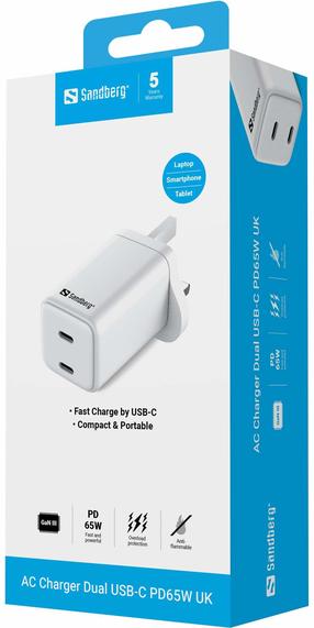 Telefoni laadija Sandberg 441-62, UK Plug/2 x USB Type C, valge v., 65 W