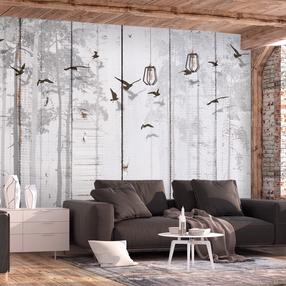 Fototapetas Artgeist Minimalist motif - black birds on a white background with wood texture, 175 cm x 250 cm