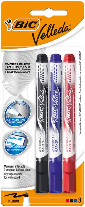 Veekindel marker Bic Velleda 905456, 2 mm, sinine v./must v./punane v., 3 tk
