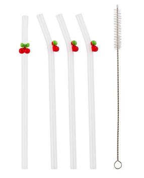 Daugkartinio naudojimo šiaudeliai su valymo šepetėliu Ambition Tutti Cherry, 19 cm, stiklas, skaidri sp., 5 vnt.
