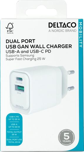 Telefona lādētājs Deltaco USBC-AC159, USB Type A/USB Type-C, balta krās., 35 W
