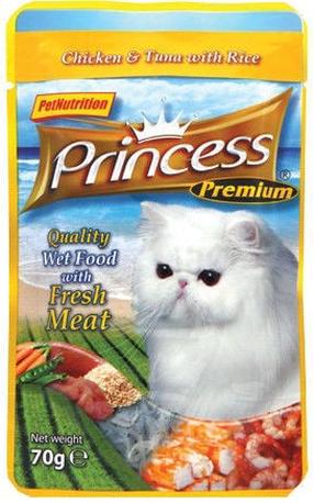 Mitrā kaķu barība Princess Premium 002125, vistas gaļa/rīsi/tunzivis, 0.07 kg