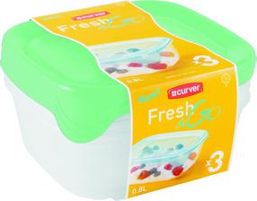 Dėžutė maistui Curver Fresh&Go, 0.8 l, 15.5 cm x 15.5 cm, skaidri sp./žalia sp., 3 vnt.