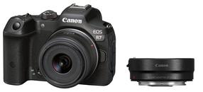 Sistēmas fotoaparāts Canon EOS R7 + RF-S 18-45mm F4.5-6.3 IS STM + Mount Adapter EF-EOS R, melna krās.