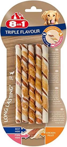 Лакомство для собак 8in1 Triple Flavour Twisticks, говядина/курица/свинина, 0.07 кг, 10 шт.