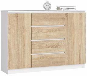 Komoda Akord Furniture Factory K140 2D 4SZ, balta sp./sonoma ąžuolo sp., 99 cm x 138.4 cm x 40 cm