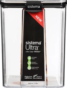 Birių produktų indas Sistema Tritan Ultra Square, 2.75 l, 15.4 cm x 14.2 cm, skaidri sp./juoda sp.