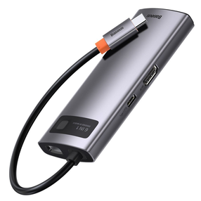 Адаптер Baseus USB-C - 3 x USB/USB-C/HDMI/RJ-45 USB-C male, 3 x USB/USB-C/HDMI/RJ-45 female, серый цв.