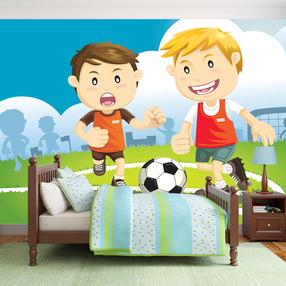 Fototapetas Artgeist Football Players - Boys Playing Soccer On A Green Field For Children 3XLNEW010183, 245 cm x 245 cm