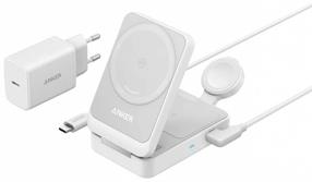 Bezvadu lādētājs Anker MagGo 3-in-1, 1 x USB Type C, 8.9 cm, balta krās., 15 W