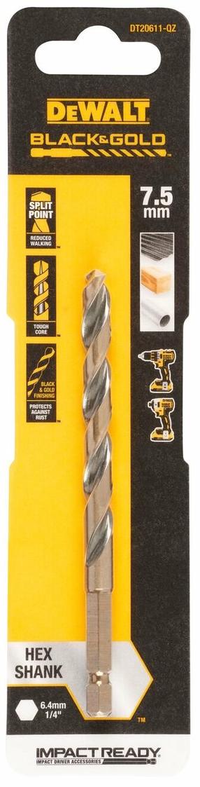 Metalo grąžtas Dewalt, medienai/metalas/plienui, hss, hex 1/4, 7.5 mm x 11.4 cm