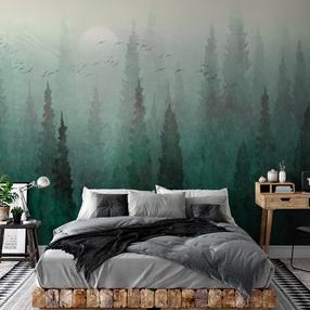 Fototapeet Artgeist Bird's eye perspective - landscape of a green forest with trees in the mist, 105 cm x 150 cm