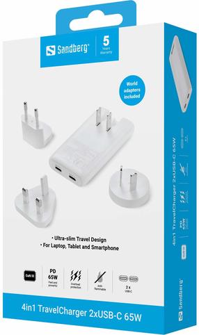 Дорожное зарядное устройство Sandberg 441-68, Europlug/2 x USB Type-C/UK Plug, белый цв., 65 Вт