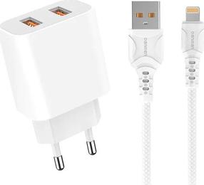 Telefoni laadija Denmen DC05, 2 x USB, valge v., 12 W