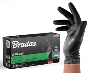 Cimdi gumija Bradas Diamond, melna krās., XL, 50 gab.