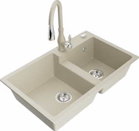 Plautuvė su virtuviniu maišytuvu Mexen Tomas Beige, granitas, 80 cm x 50 cm x 19 cm, beige