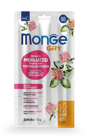 Skanėstas katėms Monge Gift Soft Sticks Skin Support, menkė/raudonasis dobilas, 0.015 kg
