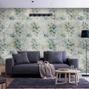 Fototapeet Artgeist Mint Tones - Green Leaf Bouquets On A Retro Patterned Background, 210 cm x 300 cm
