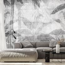 Fototapetas Artgeist Vanishing Jungle - Landscape Of Exotic Trees And Leaves In Grey Tones, 210 cm x 210 cm