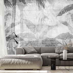 Fototapetas Artgeist Vanishing Jungle - Landscape Of Exotic Trees And Leaves In Grey Tones, 210 cm x 210 cm
