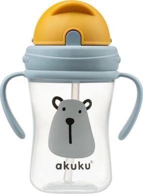 Dzeramā pudele ar silikona salmiņu Akuku A0203, 300 ml, 9 mēn., plastmasa, dzeltena krās./pelēka krās.