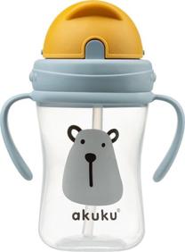 Gertuvė su silikoniniu šiaudeliu Akuku A0203, 300 ml, 9 mėn., plastikas, geltona sp./pilka sp.