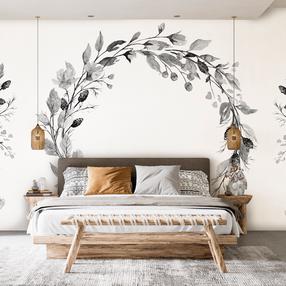 Fototapeet Artgeist Romantic Wreath - Grey Plant Motif With Leaves With Rose Pattern, 140 cm x 140 cm