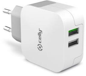 Telefona lādētājs Celly Universal Dual USB Turbo Travel, USB/AC/DC, balta krās.