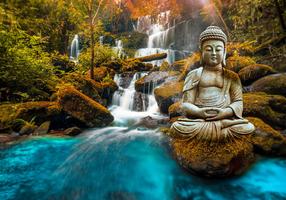 Fototapetas Artgeist Orient - Landscape With Buddha Sculpture On A Background Of A Waterfall And Exotic Forest SFT848SAM, 210 cm x 210 cm
