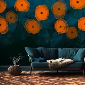 Fototapeet Artgeist Watercolour Composition - Orange Patterns On A Delicate Leaf Background, 140 cm x 200 cm