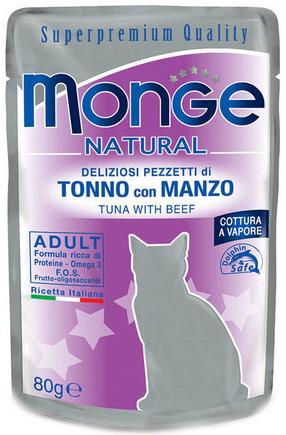 Mitrā kaķu barība Monge Natural Tuna With Beef Adult, liellopa gaļa/tunzivis, 0.08 kg