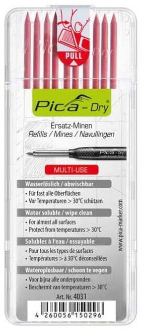 Графитовые сердечники PICA Dry, 12.5 см x 0.28 см, красный цв., 10 шт.