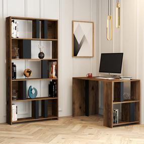 Biuro baldų komplektas Kalune Design Lima Desk & Bookshelf, antracito sp./riešuto sp., 180 cm x 20 cm x 90 cm